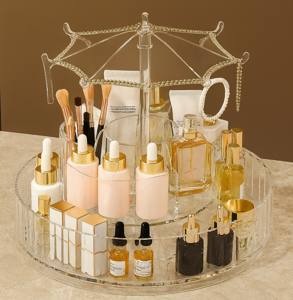 ORGANIZADOR DE MAQUILLAJE Y PRODUCTOS COSMETICOS GIRATORIO DE 360° CON 2 NIVELES